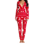Women's Long Sleeve Christmas Jumpsuit Pajamas V Neck Christmas Themed Print Bodysuit Sleepwear with Drop Seat Butt Flap