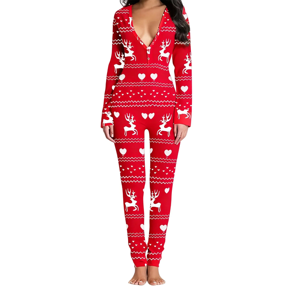 Women's Long Sleeve Christmas Jumpsuit Pajamas V Neck Christmas Themed Print Bodysuit Sleepwear with Drop Seat Butt Flap