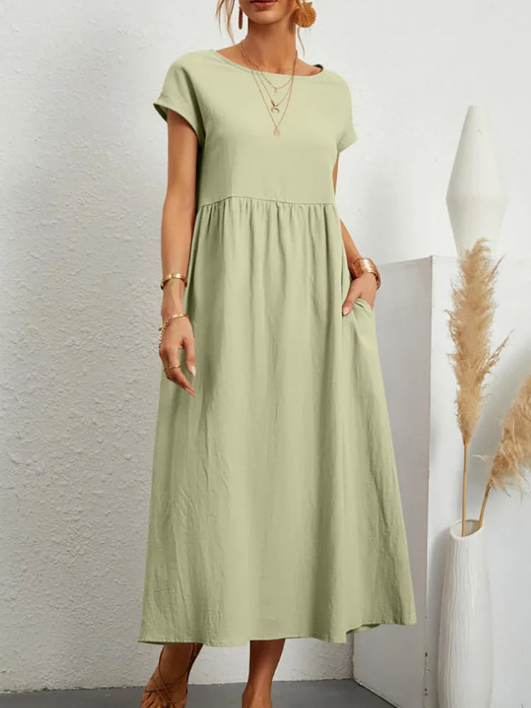 Dresses for Women  Cotton Linen Midi Casual  Short Sleeve Loose A-Line Sundress with Pockets  Solid Color Oversized Long Dress