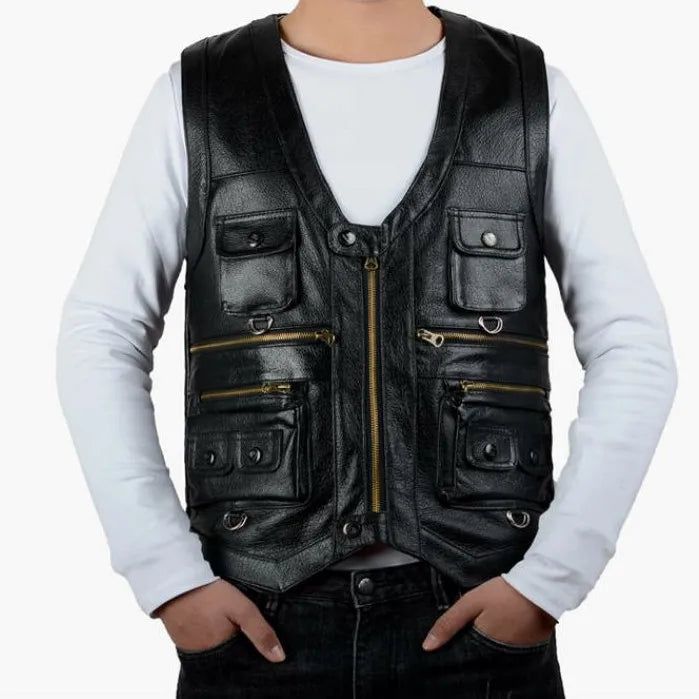 2025 Cowhide Genuine Leather Man Vest Waistcoat Male clothing Jacket Thick Motorcycle Multi Pocket leather biker Men safety vest