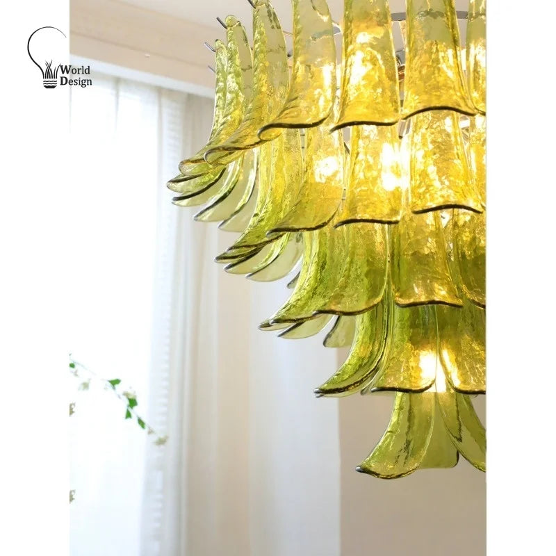 French Murano Glass Chandeliers for Dining Room Bed Room Retro Green Glass Hanging Pendant Lamps for Lobby Kitchen Island Bar