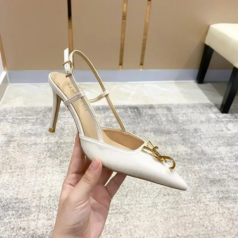 White Elegant Women's Stilettos Summer Fashion Sandals with Metal Buckle Baotou Pointed Back Design 2025 New Ladies' Shoes