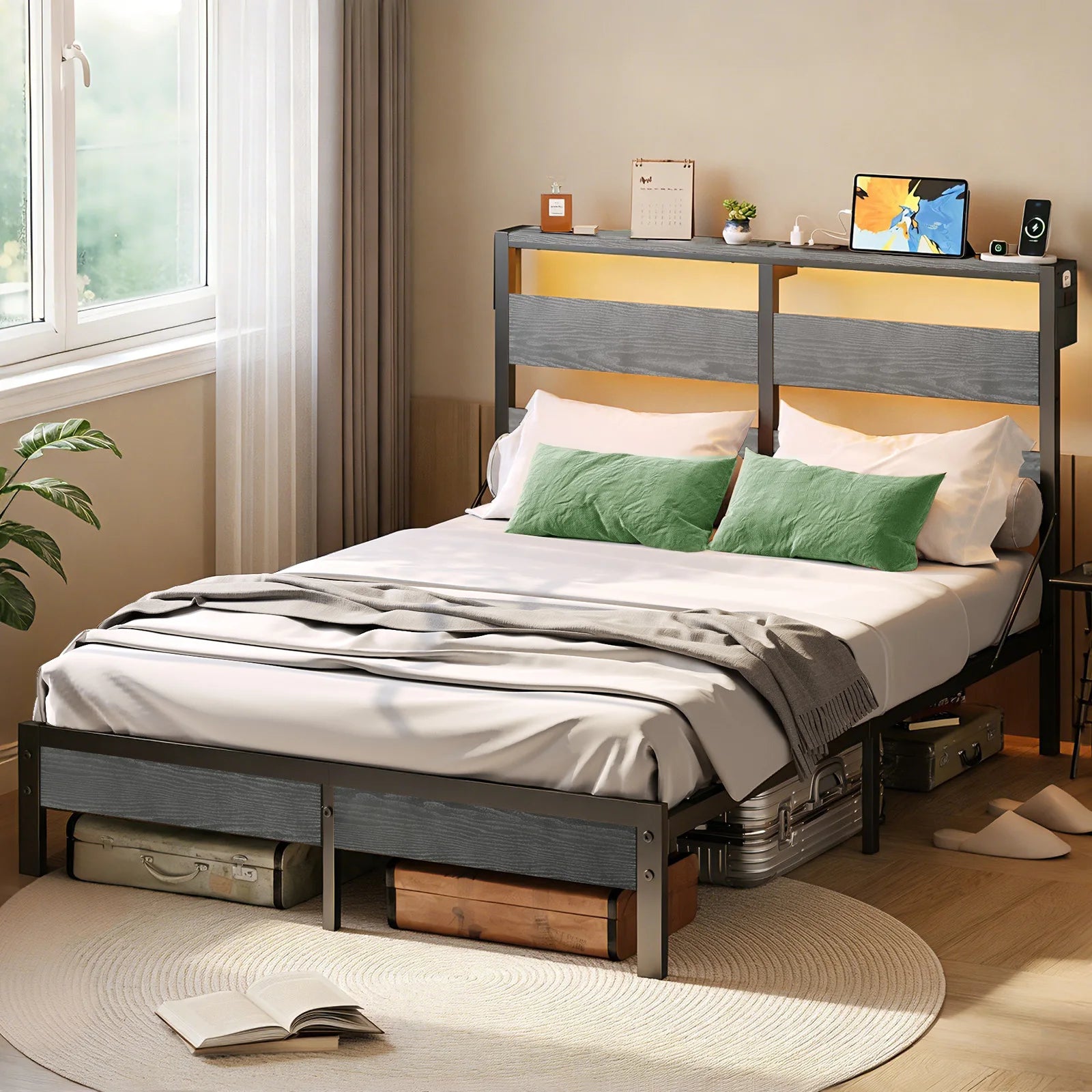 NOST&HOST Queen Bed Frame with Headboard and Charging Station,Non-Slip Queen Bed Frame with LED Light, Noise-Free, Easy Assembly, Grey
