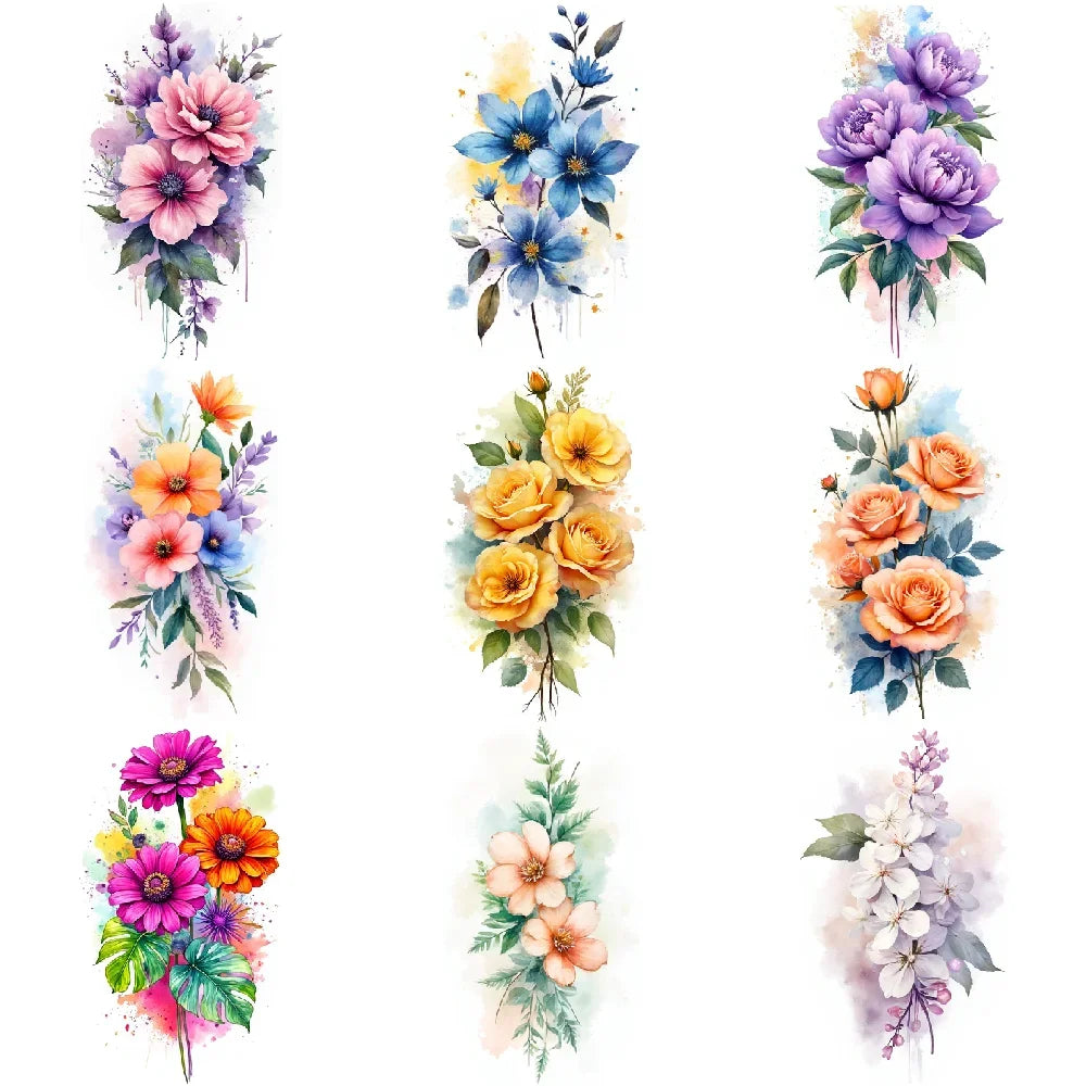 9pcs Colorful Flower Temporary Tattoos Stickers 3D Disposable Body Arm Tatoo Sticker Men Women Waterproof Fake Tatoos