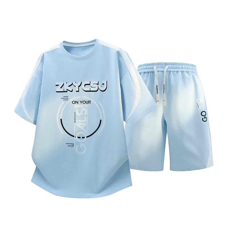 High Streetwear Short Sleeve T-Shirts & Shorts Men's Sets 2026 Summer Youth Casual Tops Tees & Knee-Length Pant 2-Piece Clothing