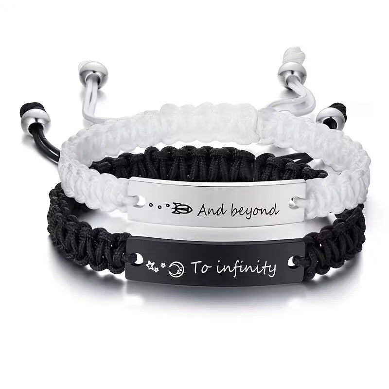 2 Pcs Handmade White Black Braided Rope Bracelet Set Adjustable Stainless Steel Couple Bracelets Valentine's Day Gifts