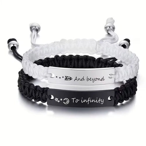 2 Pcs Handmade White Black Braided Rope Bracelet Set Adjustable Stainless Steel Couple Bracelets Valentine's Day Gifts