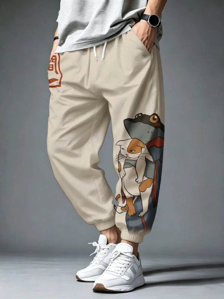 Men's Clothing Japanese Long Pants Vintage Frog In Kimono And Unhappy Cat Art Print Trousers Loose Drawstring Waist Sweatpants