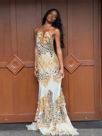 Women's Leopard Print Long Maxi Dress Halter Neck Plunge Front Tiered Ruffle Mermaid Skirt Elegant Party Cocktail Daily Gowns