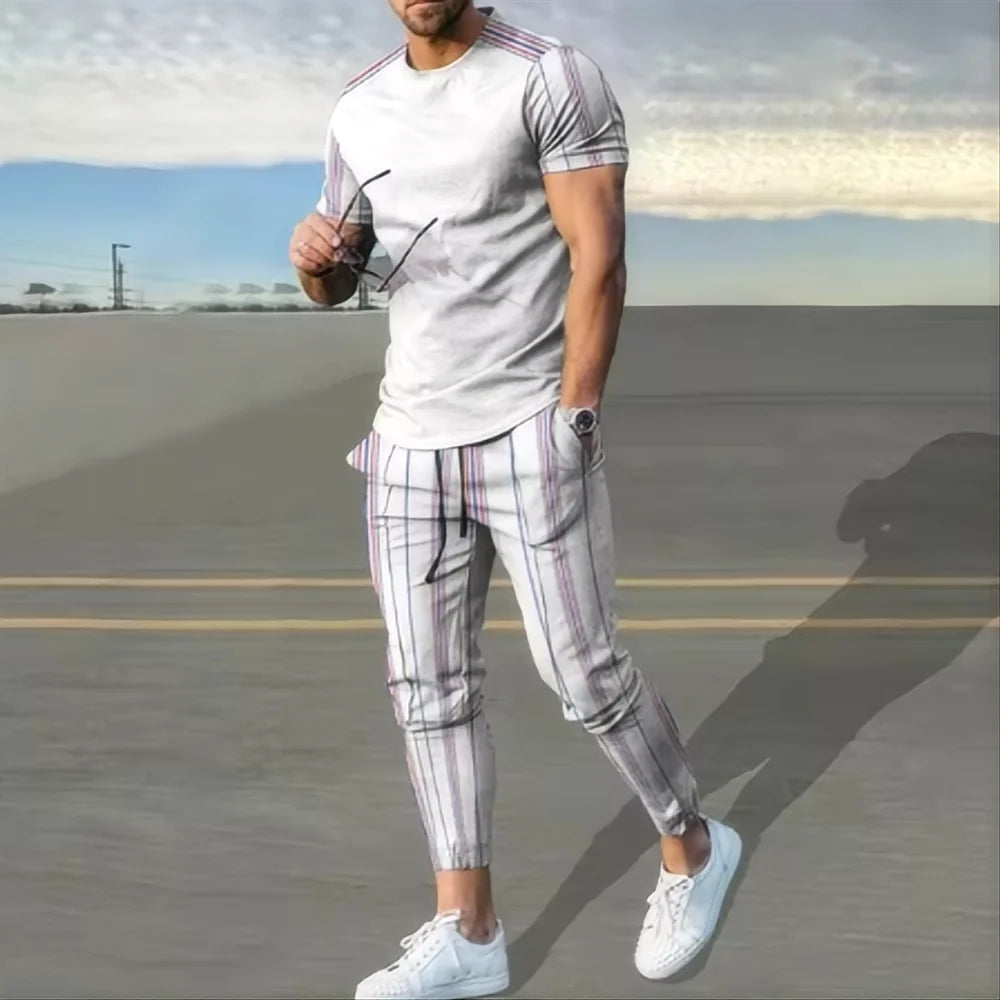 Summer basketball sportswear set short sleeved T-shirt long pants two-piece set men's sportswear 3D printed casual oversized men
