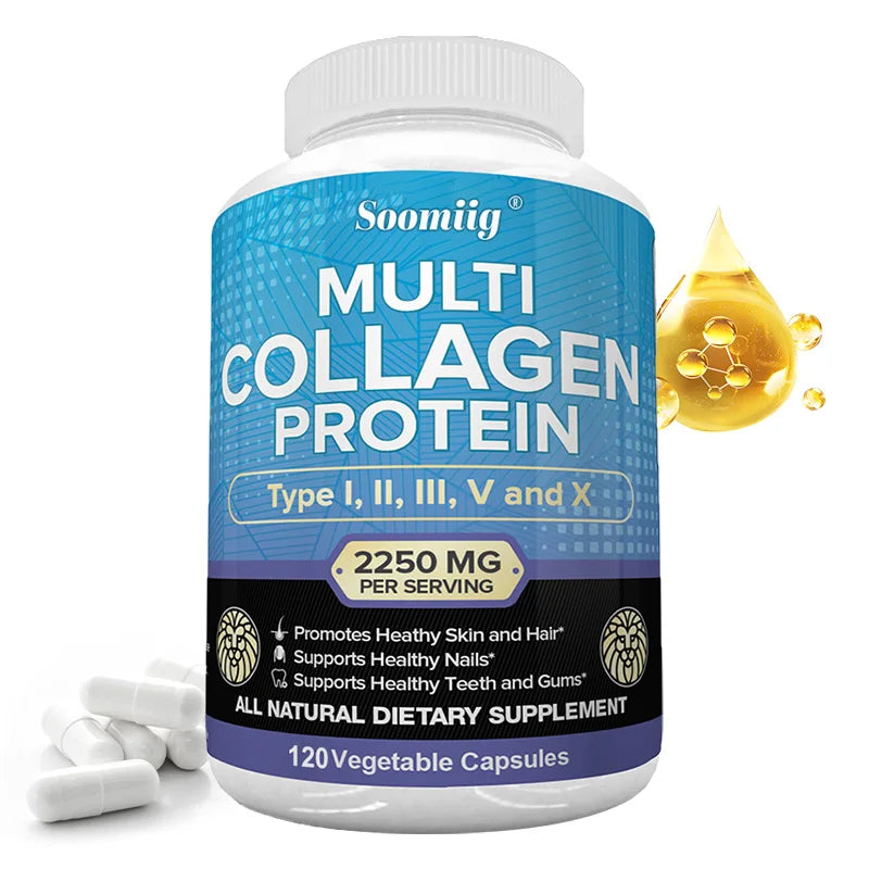 Multi Collagen Capsules with Biotin, Hyaluronic Acid - Type I, II, III, V, X - for Men & Women - Hair, Skin, Nails Beauty