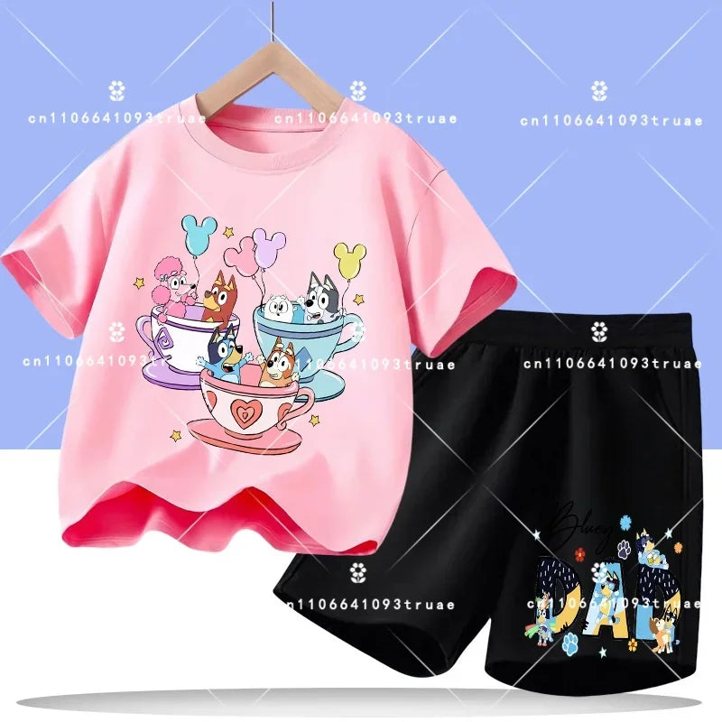 2026 summer T-shirt, 2-piece set Bluey children's 100% cotton short-sleeved set for boys - boys' sports shirt, girls' casual top