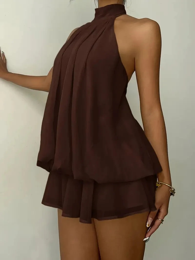 Women's Vacation Slim Fit Dress Sexy Backless Halter Neck Lace-up Versatile Solid Color Dress Stylish Comfortable Summer Vestido