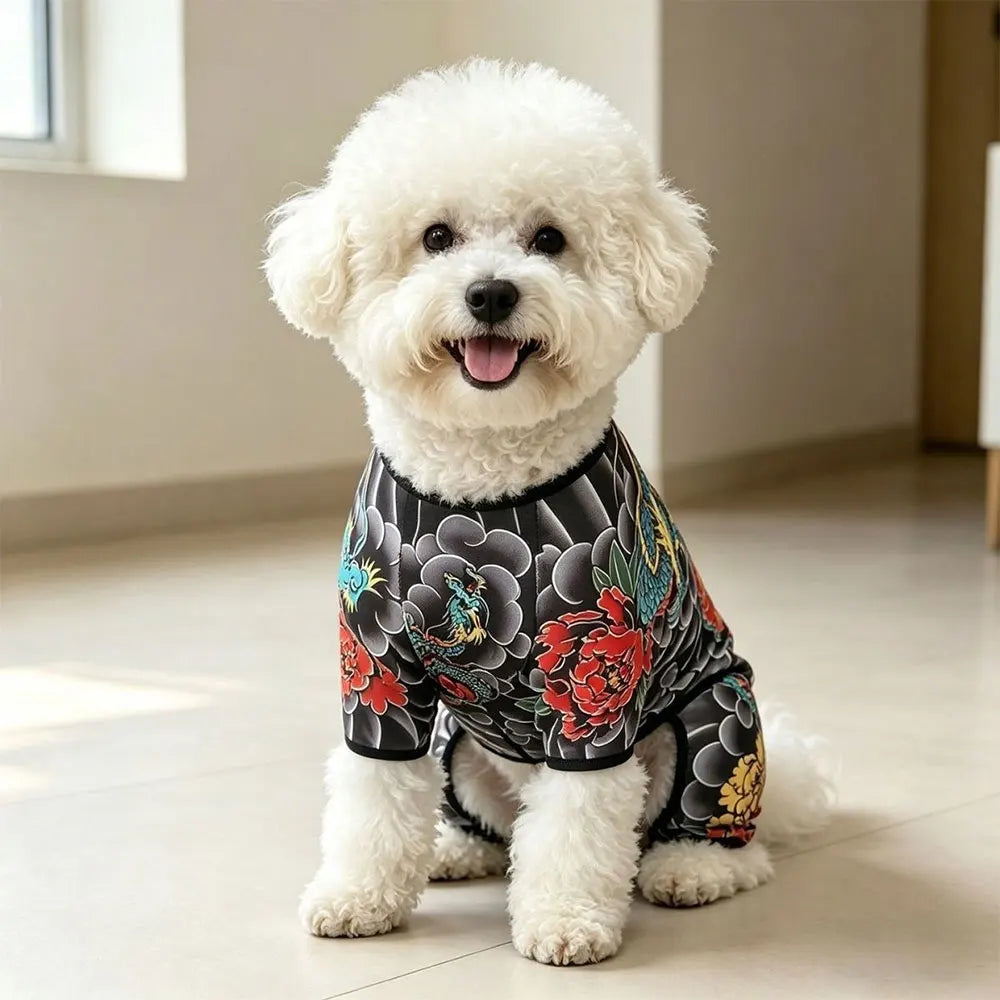Cool Stylish Dog Tattoo Jumpsuit Flower Print 4?Legged Bodysuit Stretch Comfort Pet Clothes Full Body Cover Outfit For Dogs