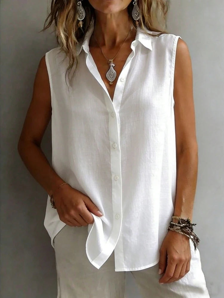 Fashionable and Elegant Sleeveless Collared Shirt for Women, Versatile Loose Casual Commuter Tank Top, Solid Color Button-Front Daily Wear