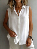 Fashionable and Elegant Sleeveless Collared Shirt for Women, Versatile Loose Casual Commuter Tank Top, Solid Color Button-Front Daily Wear