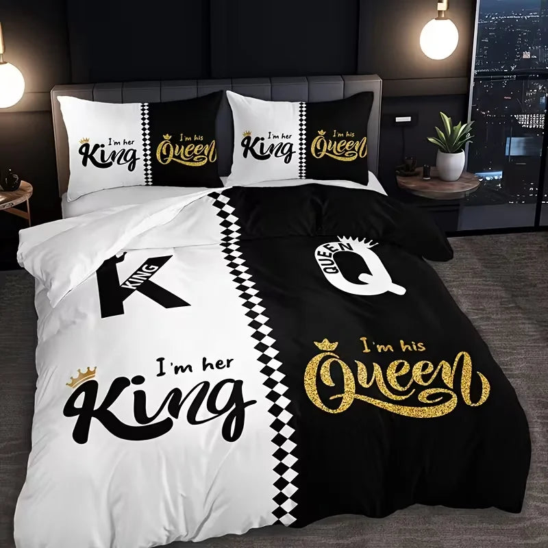 Dark Red And Black Three-Piece Bedding Set with Queen & King Size Featuring Printed English Letters on The Duvet Cover