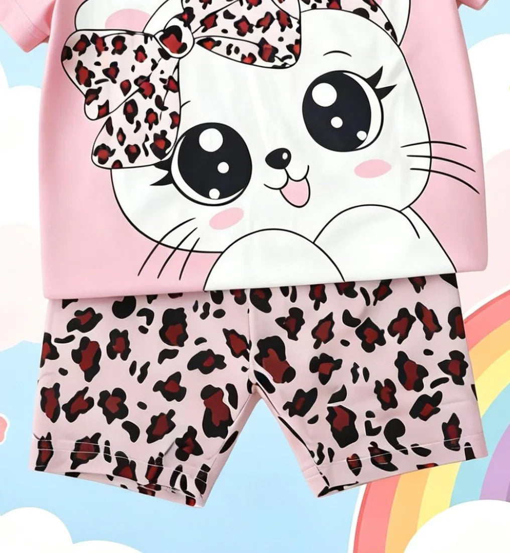 Sweet Cool Style Cartoon Cat Leopard Print Girls Short Sleeve Shorts Set New Arrival