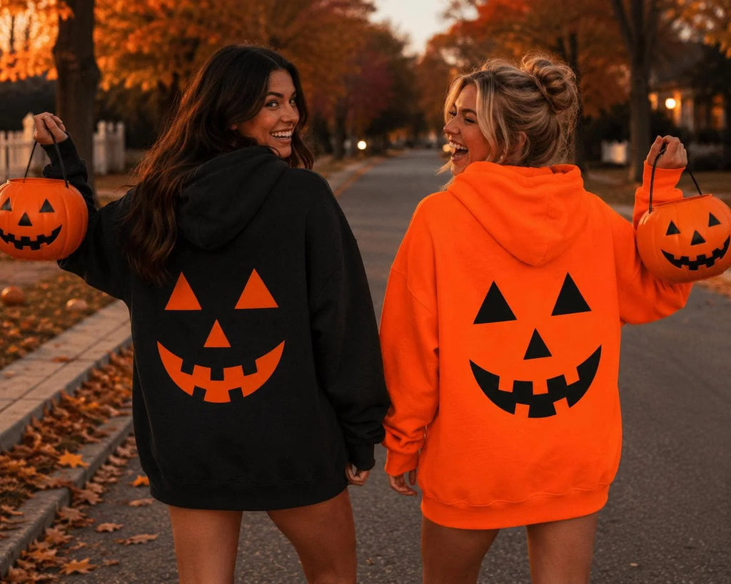 Halloween Hoodie Pumpkin Jack O Lantern Back Print Orange Black Spooky Pullover Unisex Fall Casual Hooded Sweatshirt