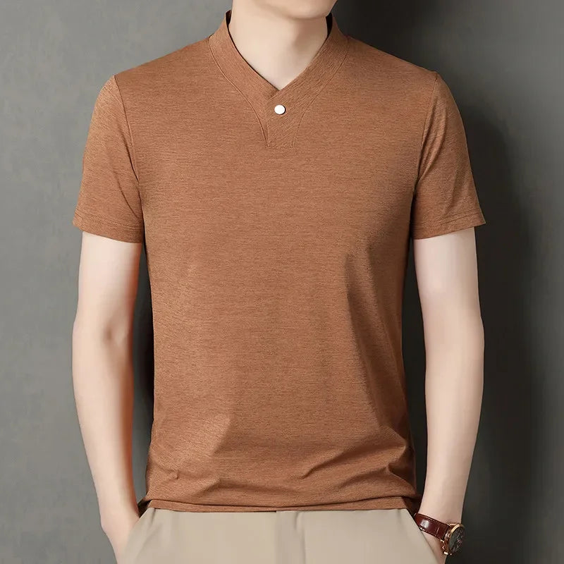 2026 Korean Style Men's Casual and Fashionable One Button V-neck Solid Color Short Sleeved T-shirt Summer Versatile Top