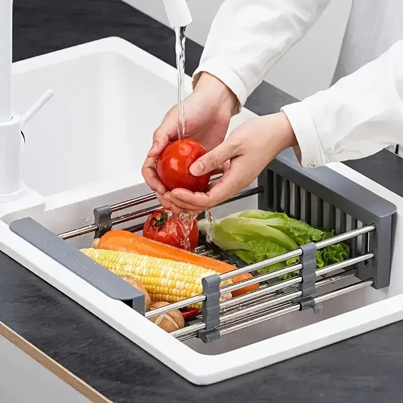 Expandable Stainless Steel Sink Drain Basket,Collapsible Kitchen Dish Drying Rack with Draining Filter Grid,Sink Organizer Tray