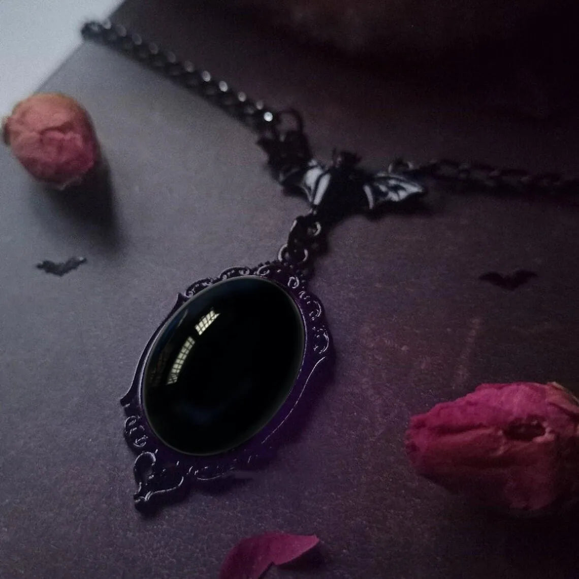 Vampire Bat Necklace, Blood Cameo, Purple, Gothic jewelry, Black Bat, Witch accessories, Pagan, Alternative, Vintage Choker ，Man