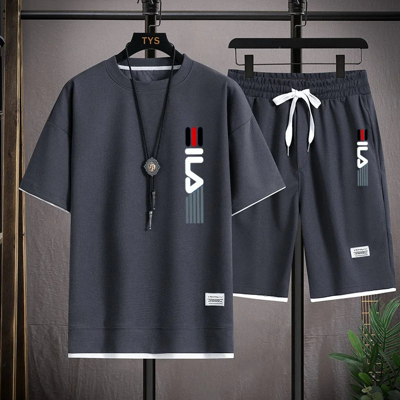 Men's summer 2026 fashionable outdoor new casual short sleeved T-shirt set, round neck hooded sweatshirt+sports shorts two-piece