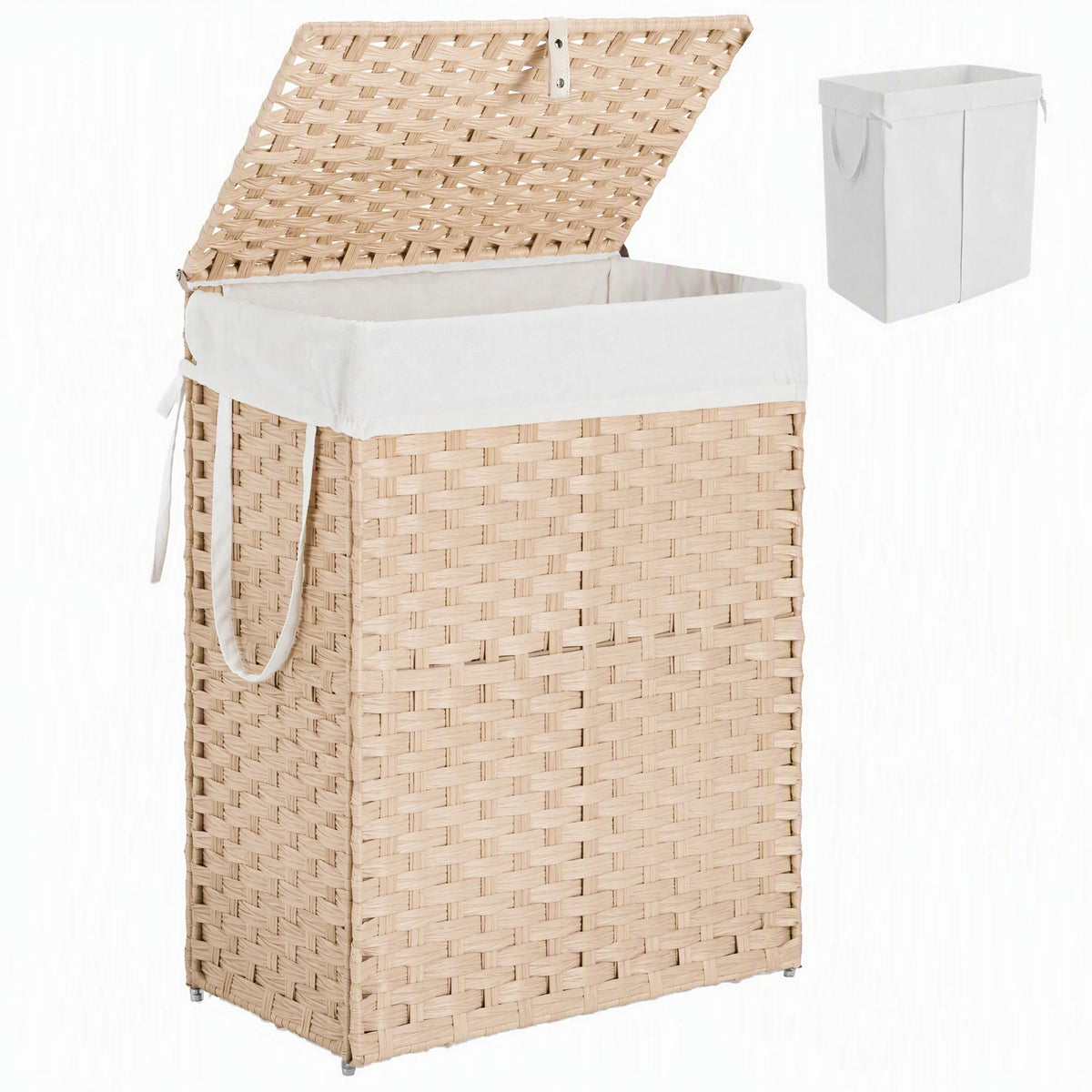 JHK 90L Wicker Laundry Hampers with Lid Woven Clothes Hamper with Side Handles Sturdy Steel Frame Removable Liner Foldable Rattan Laundry Basket For Home