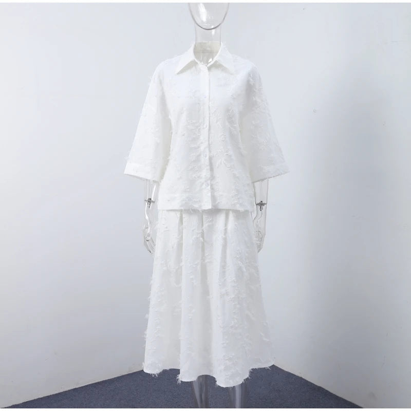 Elegant Fringe Skirts Sets 2 Pieces Women Lapel Buttons Long Sleeve Blouses Pleated A-line Long Skirts 2025 Summer Chic Outfits
