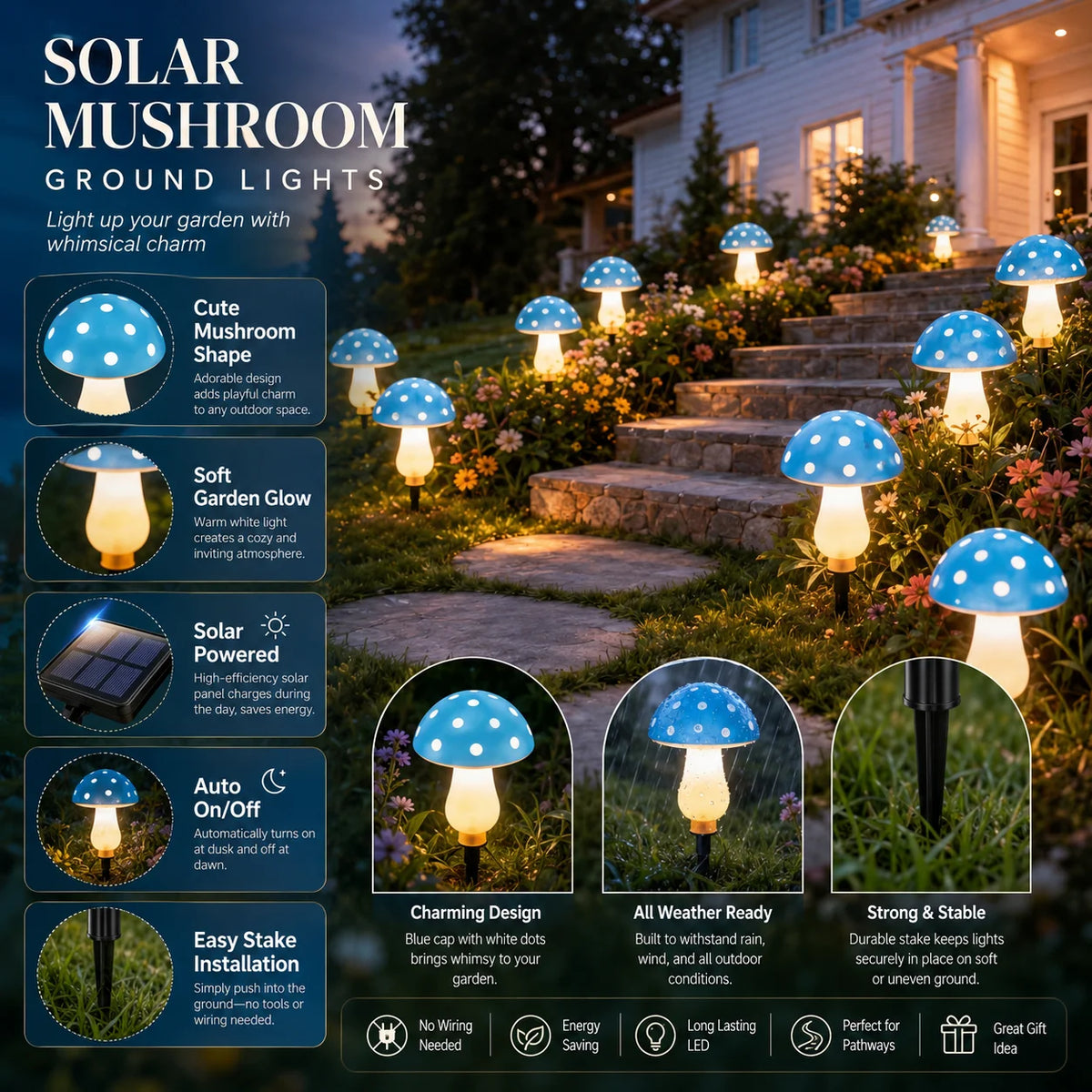 Solar Mushroom Lights Ground Stake Garden Lamps Solar Powered 10/20LED 8 Modes for Lawn Yard Courtyard Patio Christmas Decor