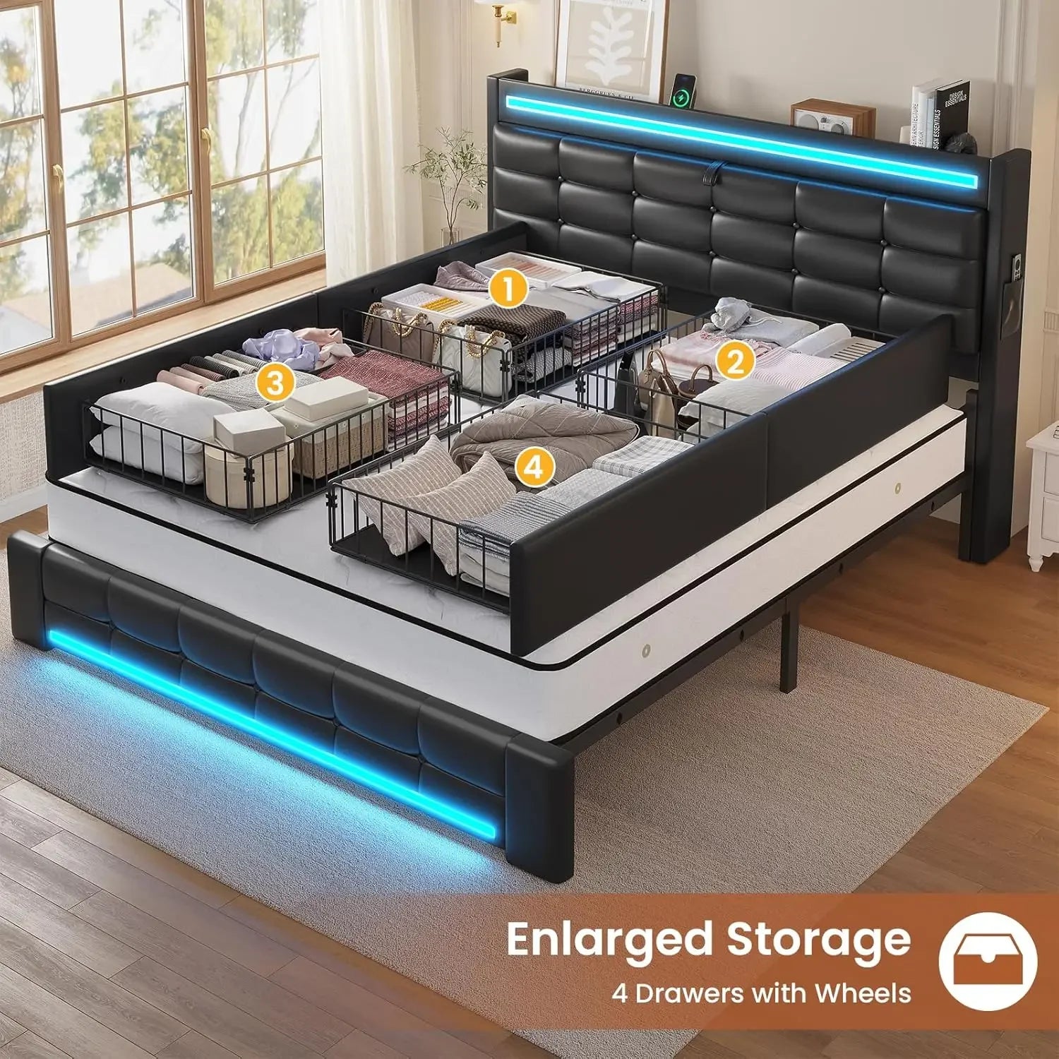 Queen Bed Frame with Storage Headboard & 4 Drawers, LED Bed Frame Queen with Charging Station, Leather Upholstered, Customized