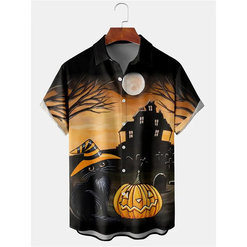 Pumpkin Bat Graphic Hawaiian Shirt For Men Women Halloween 3D Printed Aloha Shirts Summer Casual Short Sleeve Blouse Lapel Tops