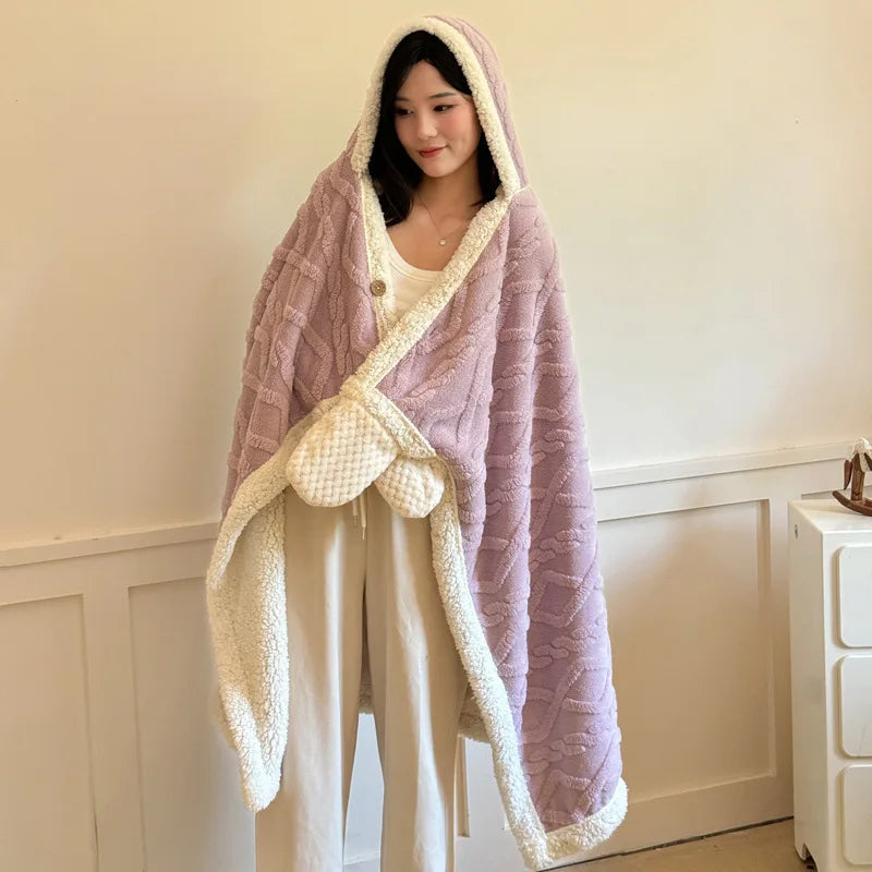 New Taffeta Fleece Hooded Blanket Warm Sherpa Lined Blankets with Giant Pocket Solid Color Skin-Friendly Office Nap Plush Cloak