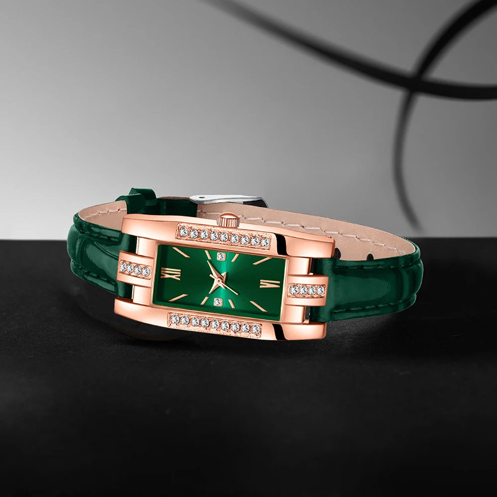 9PCS Green Women's Watch Set Trendy Fashion Rectangular Dial Quartz Watch Bracelet Necklace Earrings Set Holiday Gift