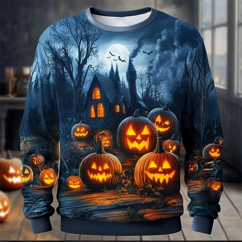Fall Halloween Pumpkin Print Long Sleeve Tops Sweaters Hip Hop Trend Y2k Clothes Casual O-neck Loose Pullover Funny Sweater Man