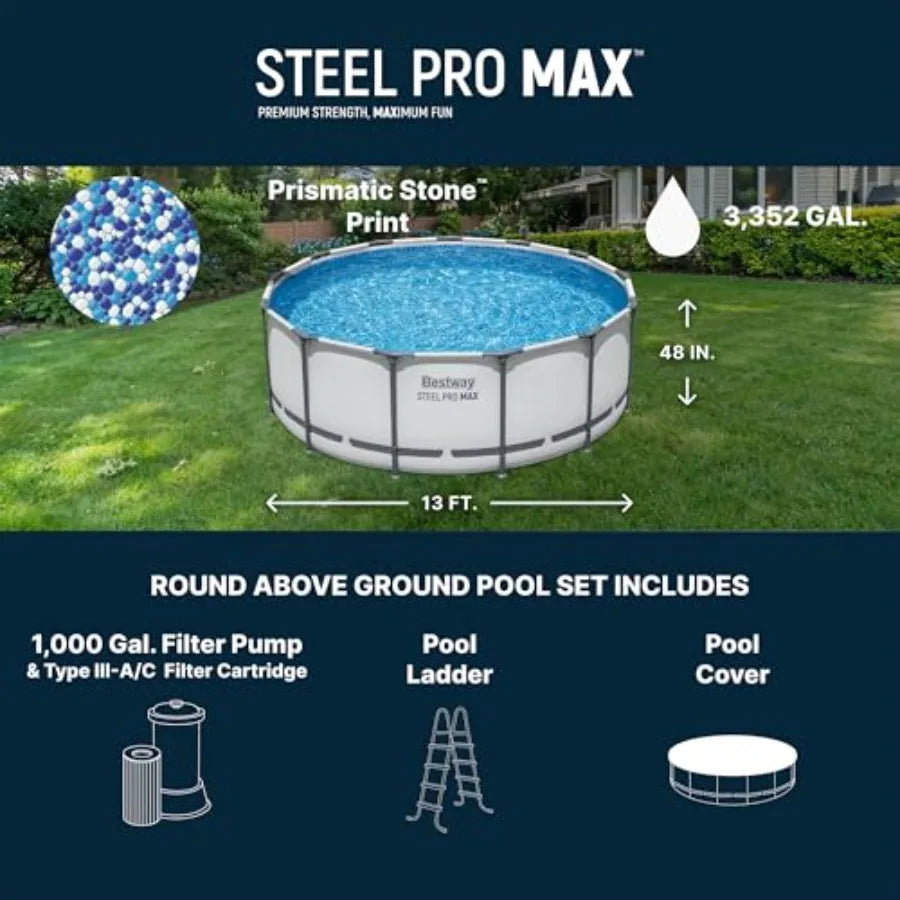 Outdoor swimming pool set for backyard use, steel frame with gray finish, includes filter pump, ladder, and cover