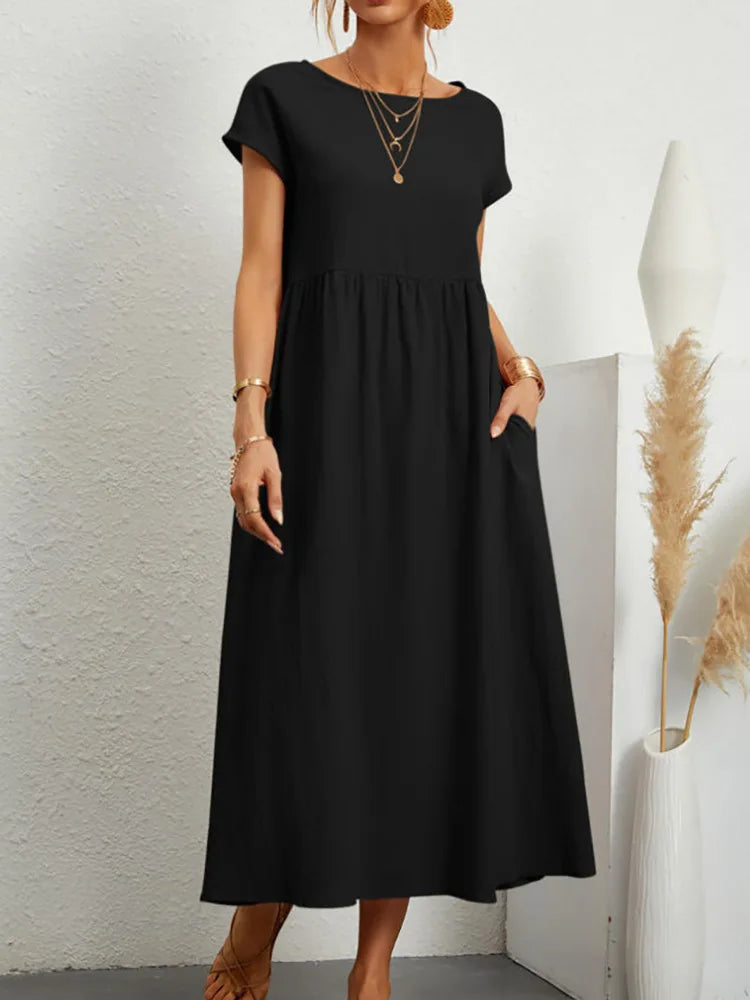 Dresses for Women  Cotton Linen Midi Casual  Short Sleeve Loose A-Line Sundress with Pockets  Solid Color Oversized Long Dress