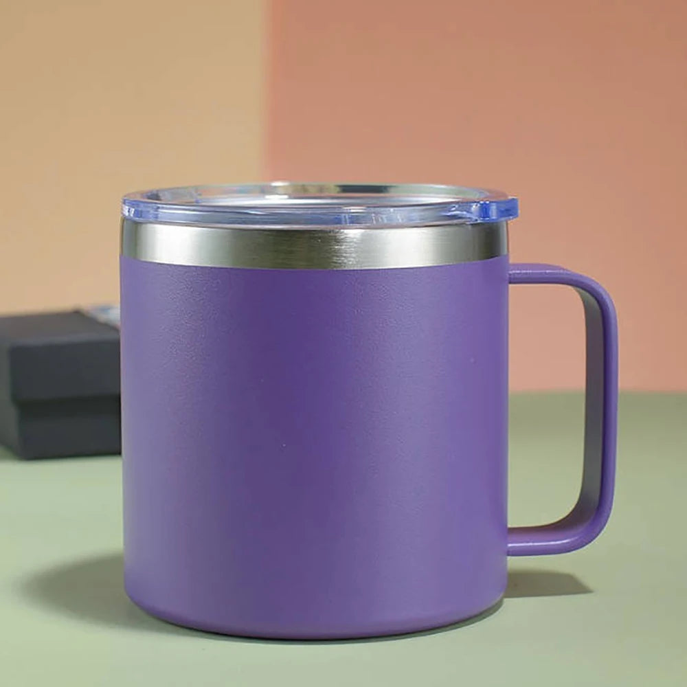 Custom 12oz Coffee Mug With Handle Tumbler Stainless Steel Vacuum Insulated Thermal Beer Cup Travel Thermos with Leakproof Lid