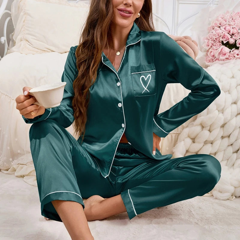 Women's Home Clothes Satin Pajama Autumn Long Sleeve Pocket Heart-shaped Embroidery Tops & Pants Pyjama Femme Loungewear Pj Set
