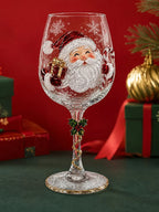 Holiday Stemware Christmas Wine Glass 2D Art Santa Snowman Reindeer Clear Goblet Party Cup