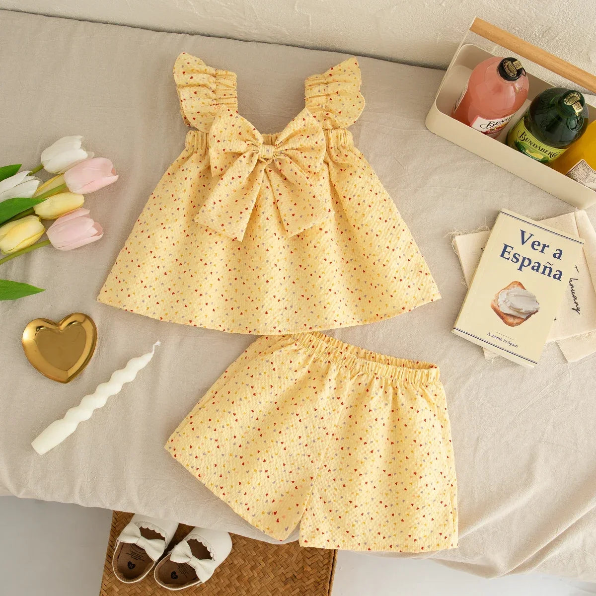 2-piece Summer Sleeveless Love Baby Girl Set Bow Tie Camisole Top+shorts 0-3 Years Old Baby Set Holiday Children's Clothing