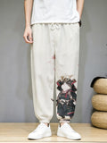 Men's Clothing Japanese Long Pants Vintage Frog In Kimono And Unhappy Cat Art Print Trousers Loose Drawstring Waist Sweatpants