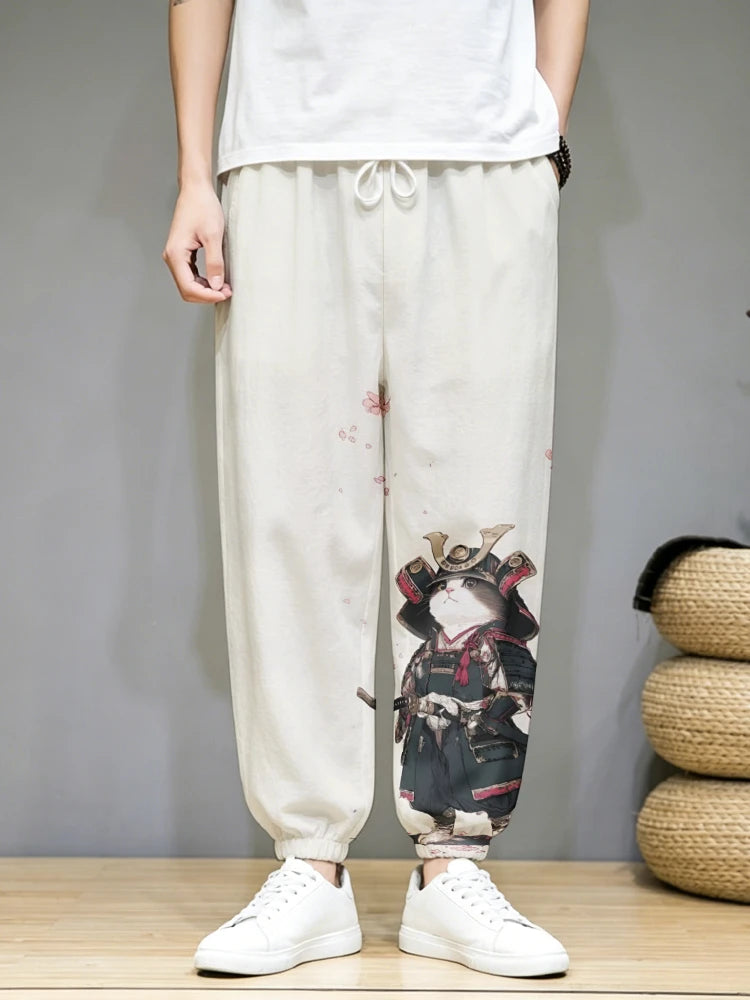 Men's Clothing Japanese Long Pants Vintage Frog In Kimono And Unhappy Cat Art Print Trousers Loose Drawstring Waist Sweatpants