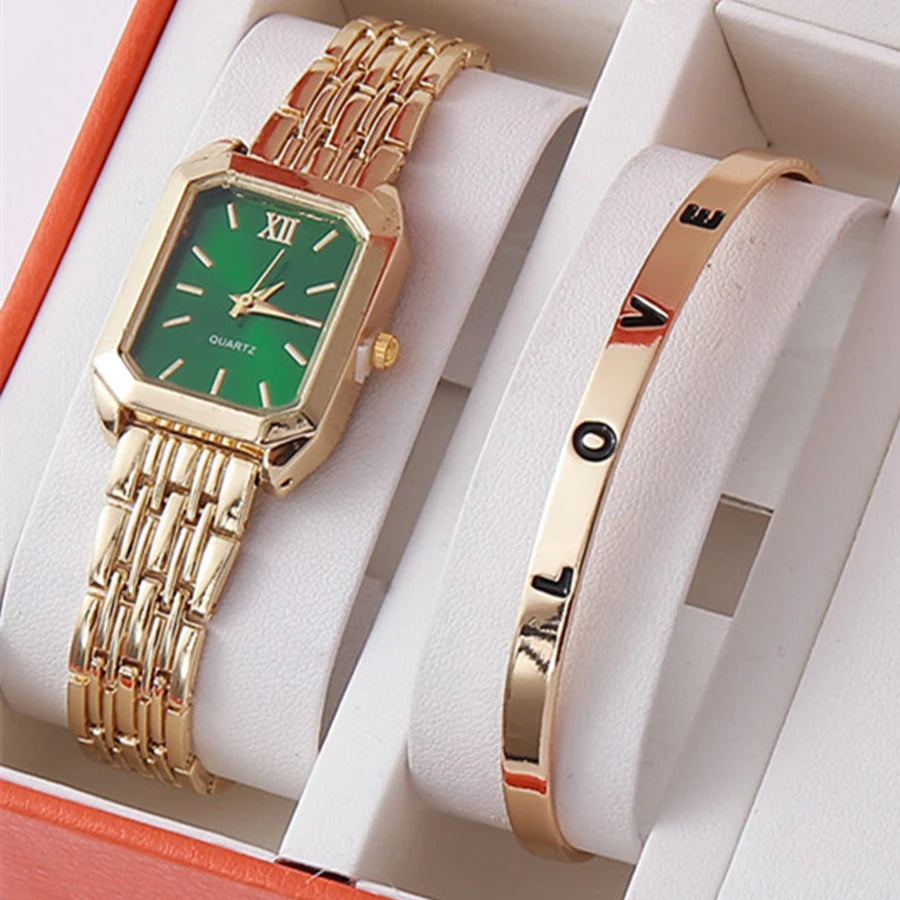 2pcs/set Luxury Women's Quartz Watch with LOVE Bracelet Watch Set Fashion Alloy Band Business Ladies Watches Female Clock Gifts