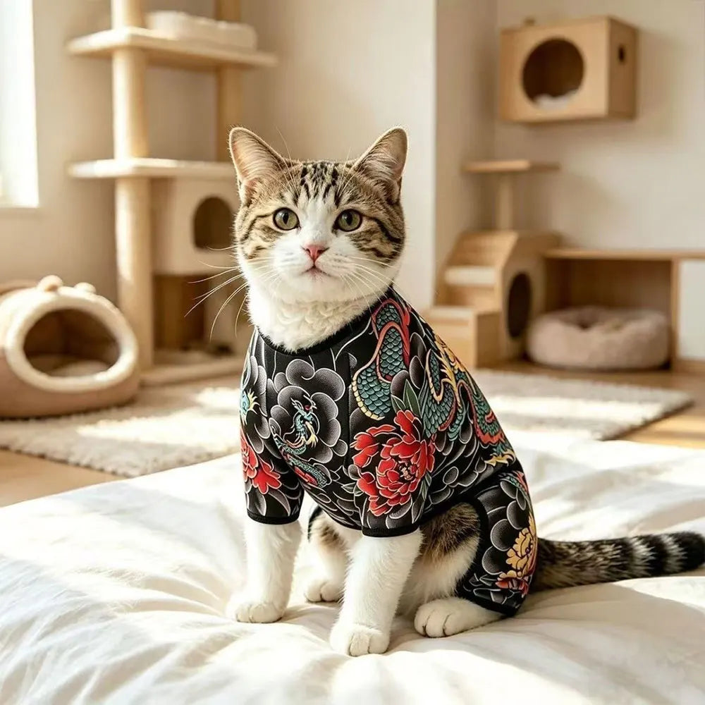 Cool Stylish Dog Tattoo Jumpsuit Flower Print 4?Legged Bodysuit Stretch Comfort Pet Clothes Full Body Cover Outfit For Dogs