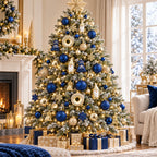 60Pcs Blue Gold Christmas Ornaments Set Shatterproof Multi Shapes Gnome Donut Snowflake Gift Balls Xmas Tree Hanging Party Decor