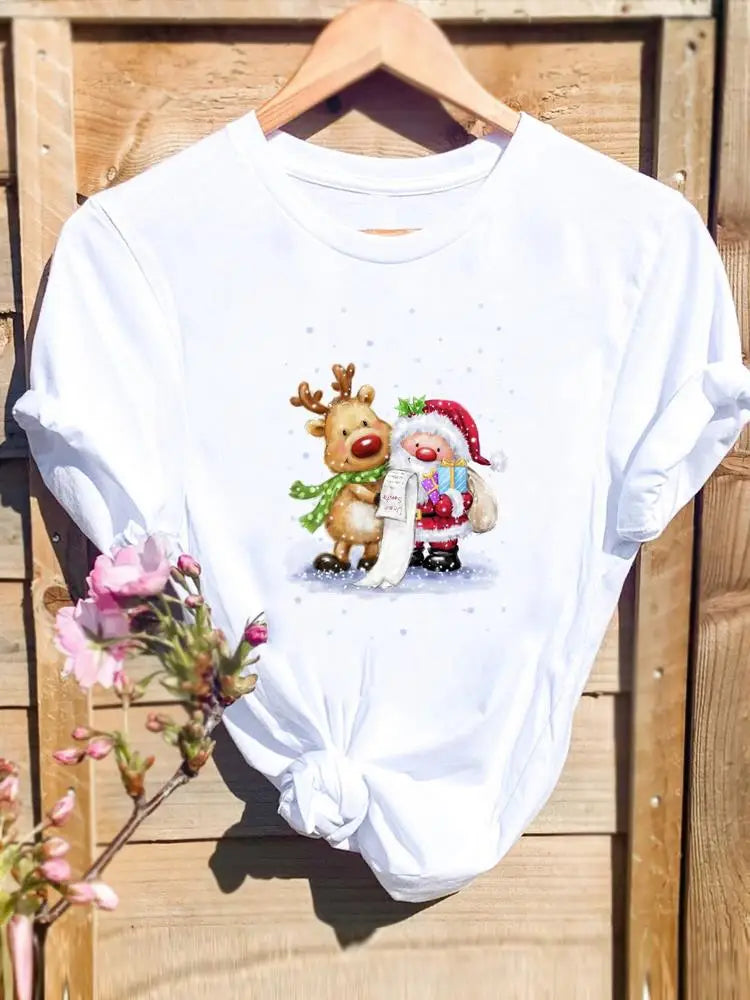 Merry Christmas New Year Holiday Graphic T Tee Fashion Cat Tree Lovely 90s Cute Harajuku Kawaii T-shirt Women's Y2K Clothing