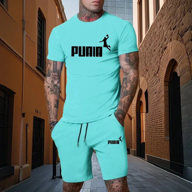Summer fashion men's two-piece set men's casual sports set printed short sleeved set men's T-shirt+shorts fitness sportswear