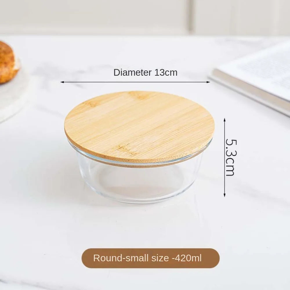 Glass Fresh-Keeping Box Heat-Resistant Bamboo Lid Microwave Oven Lunch Box Leakproof High Borosilicate Office Worker Bento Box