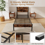 Full/ King/ Queen/ Twin Bed Frame with Tall Industrial Headboard Heavy-Duty Metal Slats Support